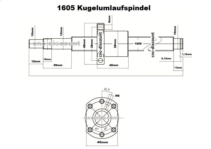 Kugelumlaufspindel  1605 x  300mm komplett  CNC Fräse Spindel Festlager Loslager 